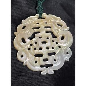 Carved Mother of Pearl Chinese Symbol Pendant Necklace Chinese Art Silk Cord